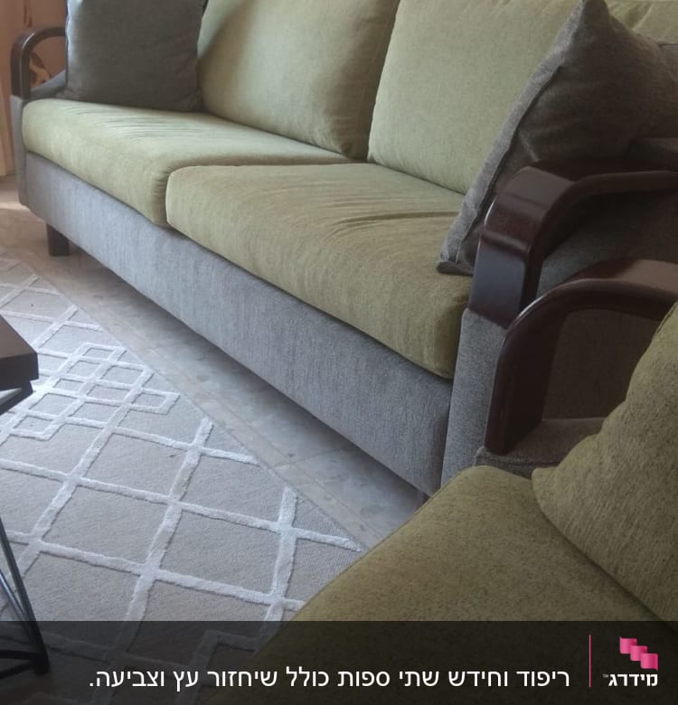 כריות ירוקות על ספה עם ריפוד אפור